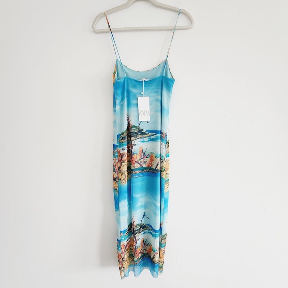 COPY - Zara Tropical Island Print Tulle Maxi / Midi Dress Spaghetti Strap Size … - Picture 7 of 11